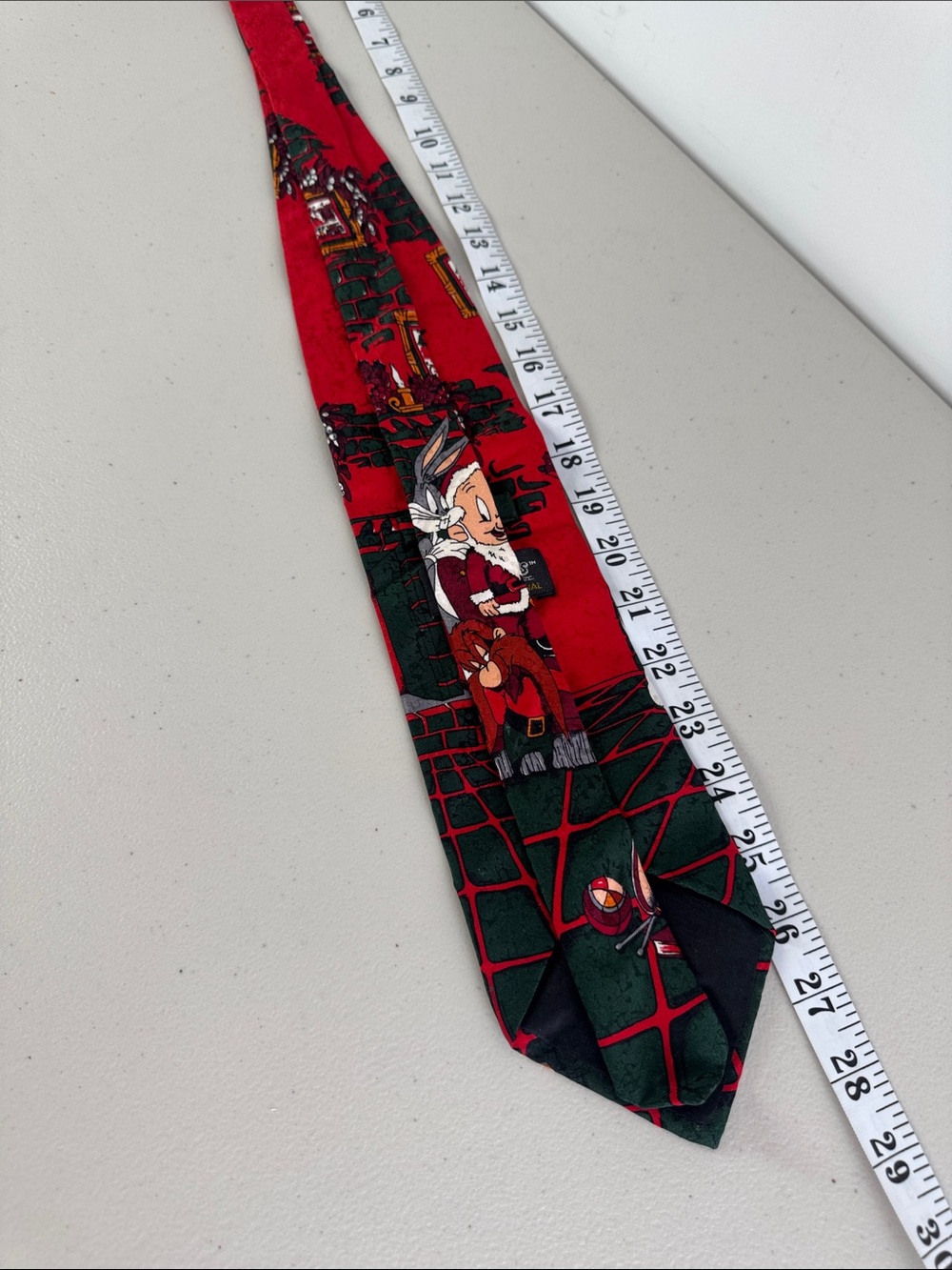 Vintage Looney Tunes Elmer Fudd Santa Bugs Bunny Print Silk Tie 90s Y2K Holiday - Picture 2 of 15